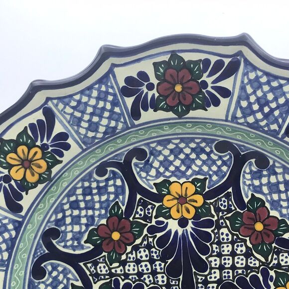 Talavera Pottery Mexican Hand Painted Plate Dish Blue Geo Floral Vintage Signed - Picture 4 of 10